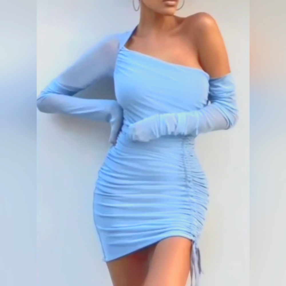 Marysol.Boutique Dress Azure Ruched Off Shoulder Mesh Mini Women's
